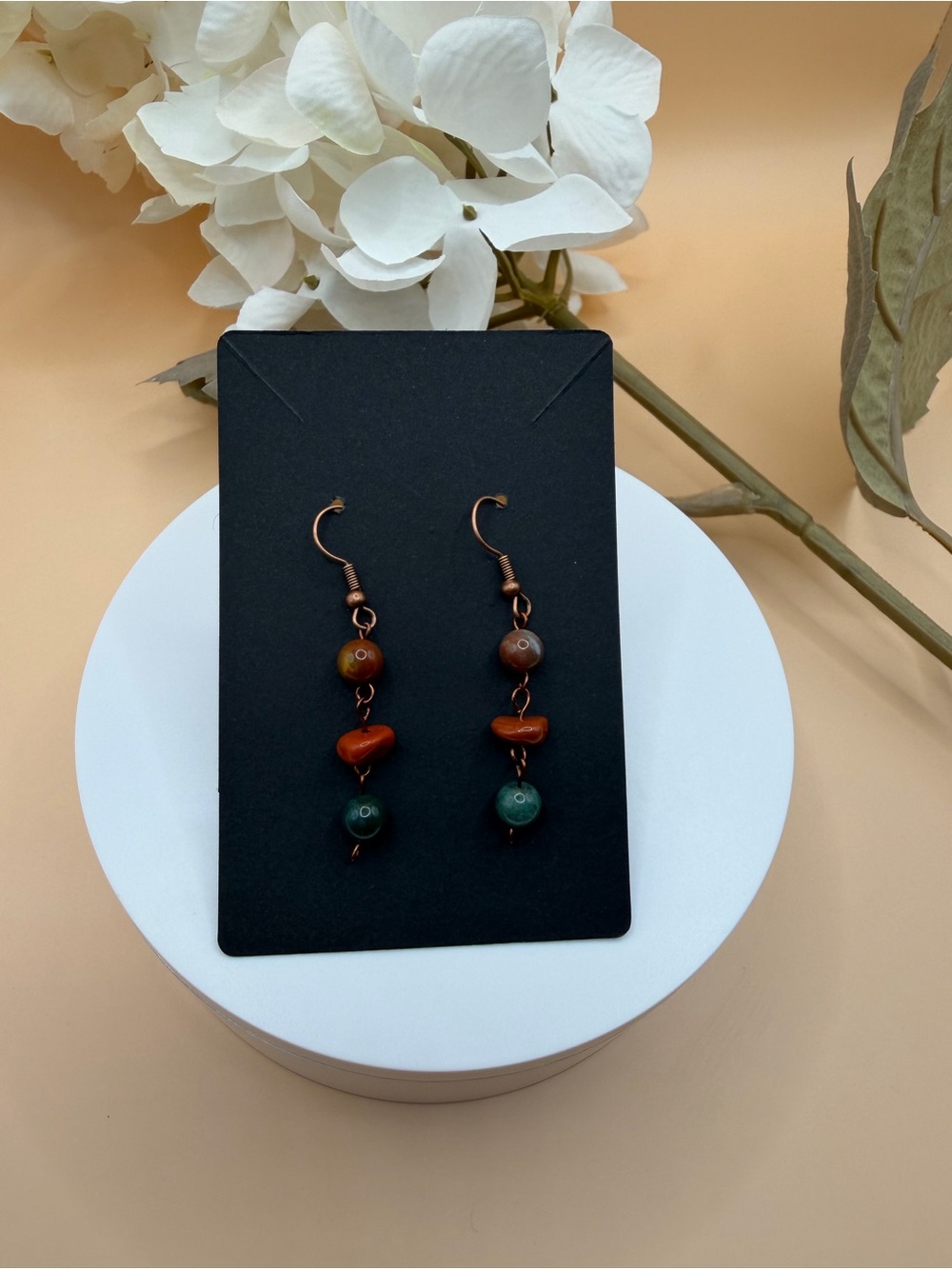 Artisan Copper Drop Earrings with Brown and Teal Beads